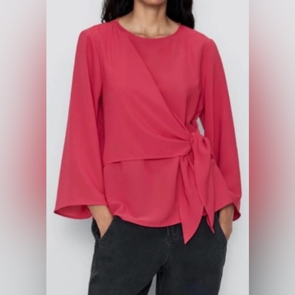 Zara Knot Blouse Size Large Tie-Waist Long Sleeve Top in Hot Pink Sz Large
